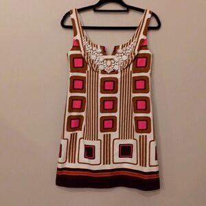 NEW Milly of New York beaded bust strap square stripe pattern neon pink dress 6